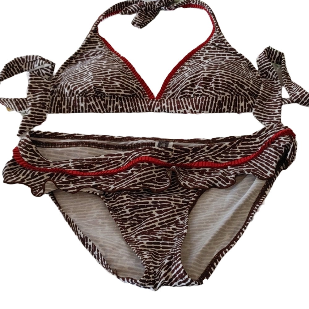 2 PC KENNETH COLE BROWN WHITE & RED BIKINI SZ L